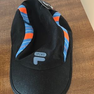 Women’s fila sport hat . Black with blue and orange strips on side . One size